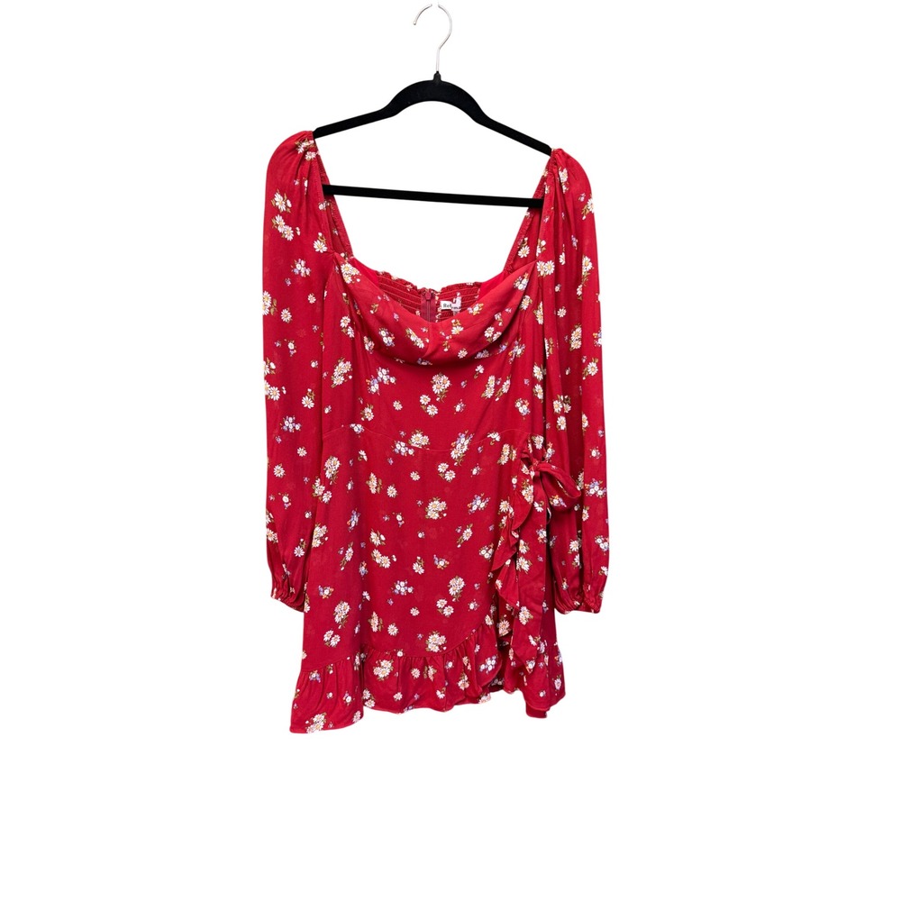 Reformation Red Floral Mini Dress Square Neck Puff Sleeve Ruffle Hem Size 10